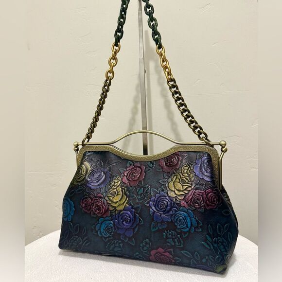 Unique Colorful Rose Embossed Cowhide Handmade Retro Style Kisslock Handbag - Picture 4 of 17